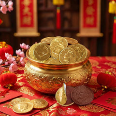 Taboom Belgian milk chocolate gold coins foil closeup highlighting creamy texture