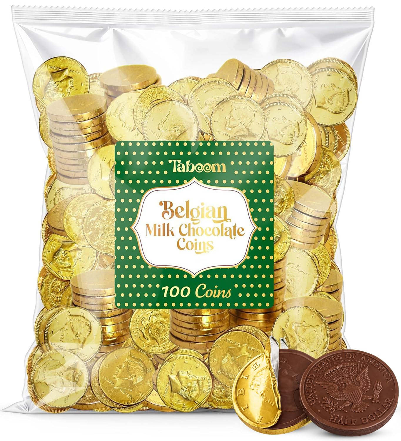 Taboom Belgian Milk Chocolate Gold Coins in shiny foil for elegant dessert table display