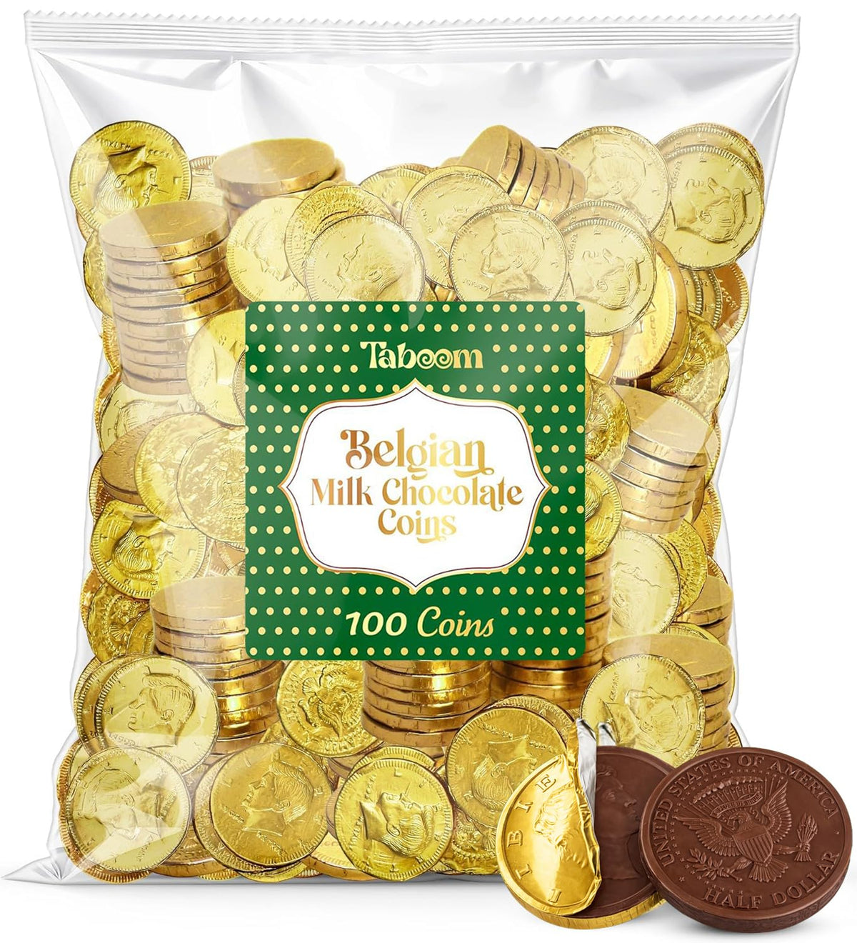 Taboom Belgian Milk Chocolate Gold Coins in shiny foil for elegant dessert table display