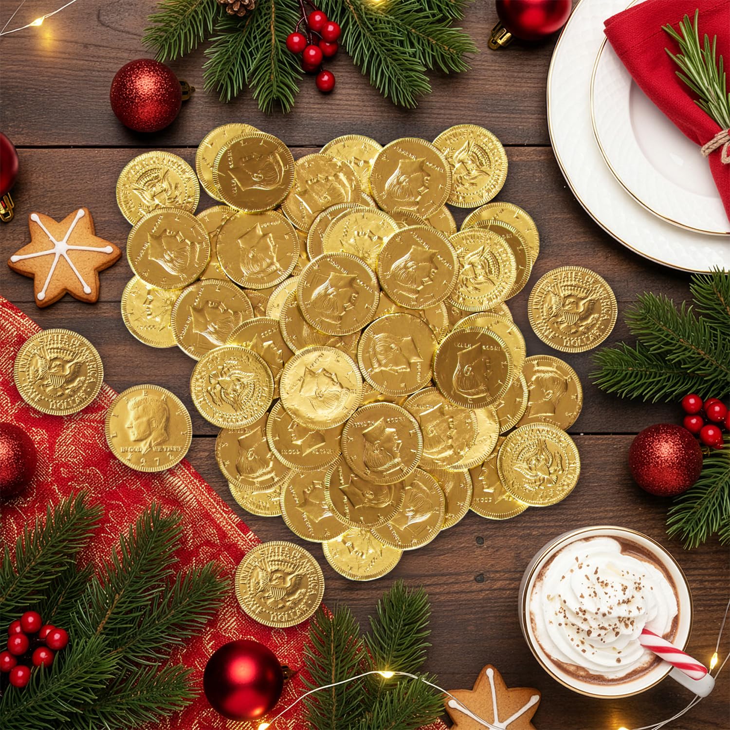 Taboom Belgian chocolate coins on display for celebrations.