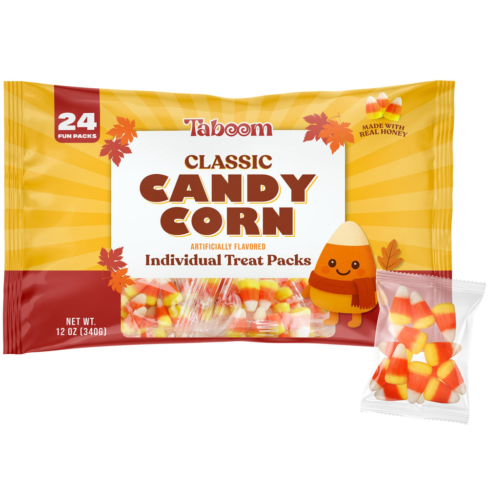 Taboom candy corn mini pack close-up with tri-color pieces for trick-or-treat bowls.