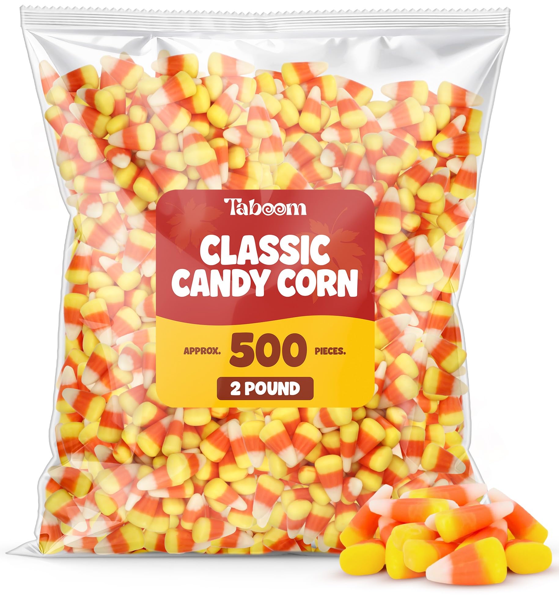 Taboom tri-color candy corn 2lb bag, ideal for sharing at autumn gatherings.