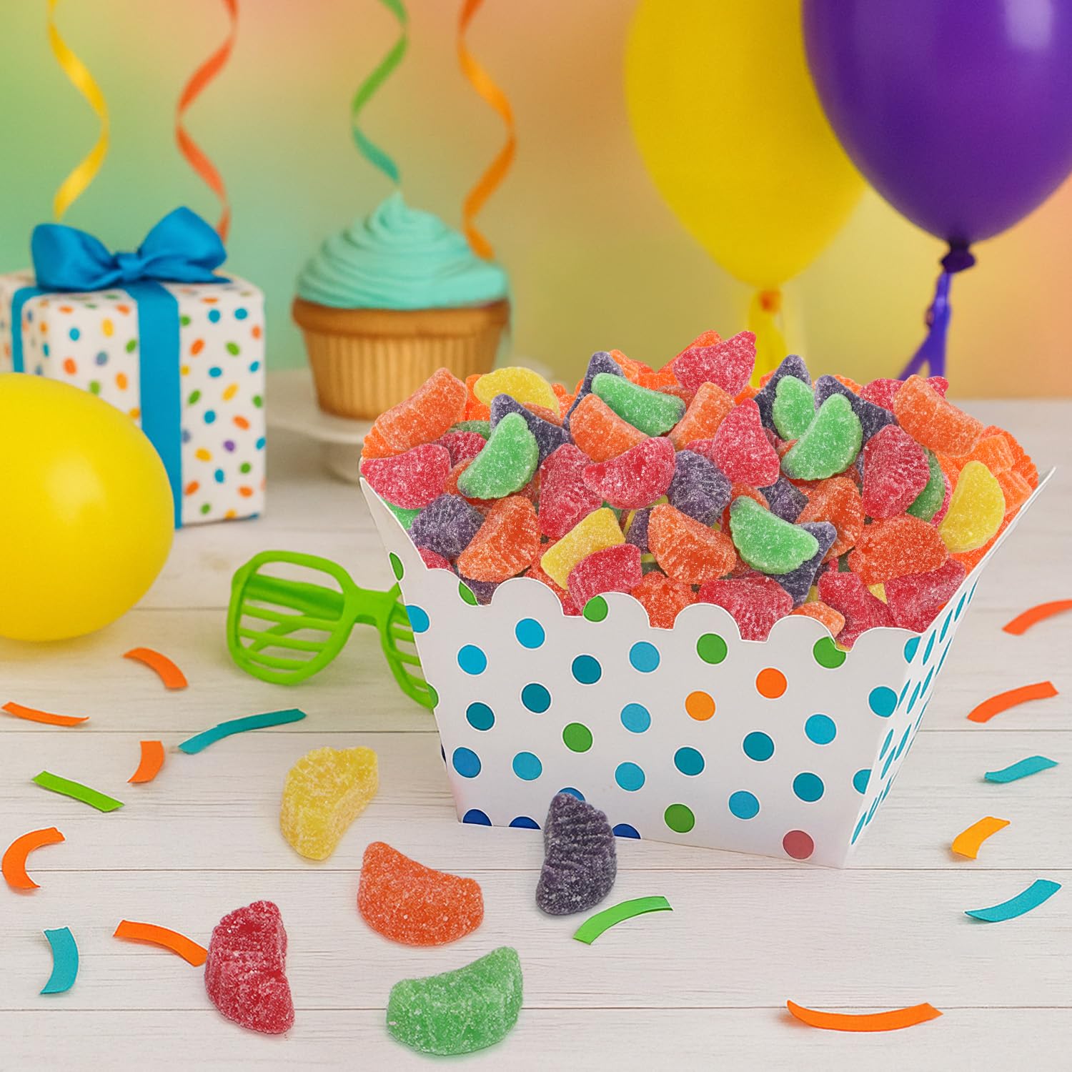 Taboom bright fruit slice candies brighten dessert tables with vibrant colors.