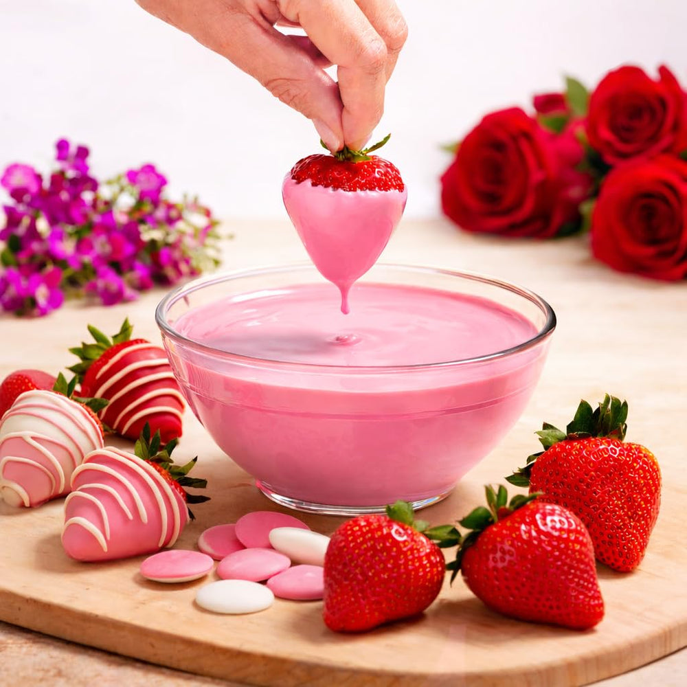 Taboom pink melts provide a glossy finish for cookies and cupcakes.