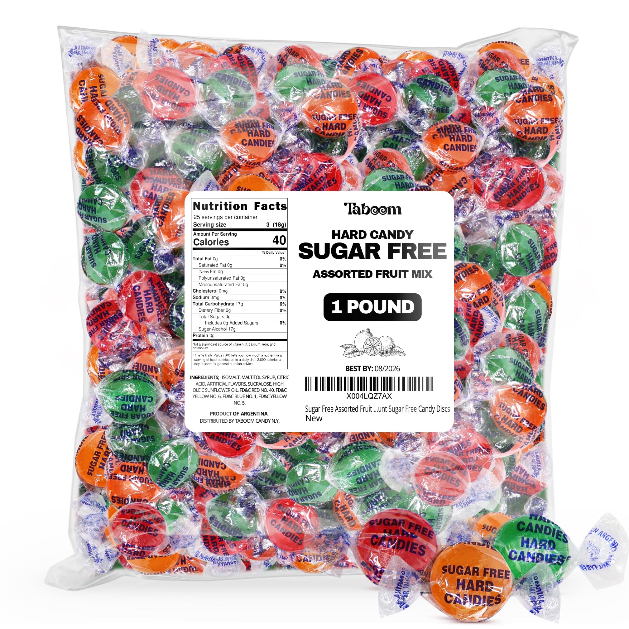Taboom Sugar Free Hard Candy assortment in bag front for guilt-free snacking.