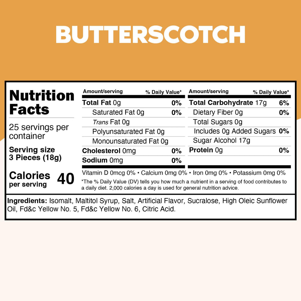 Taboom sugarfree butterscotch candies individually wrapped for freshness.
