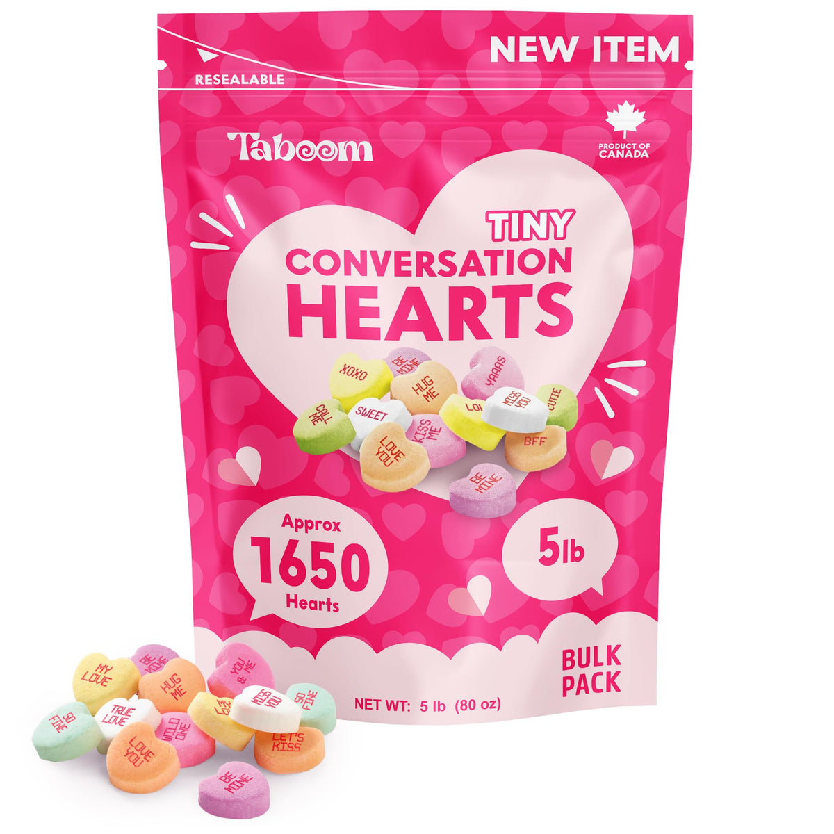Taboom Tiny Conversation Hearts bulk 5lb bag, ideal for sharing at parties.
