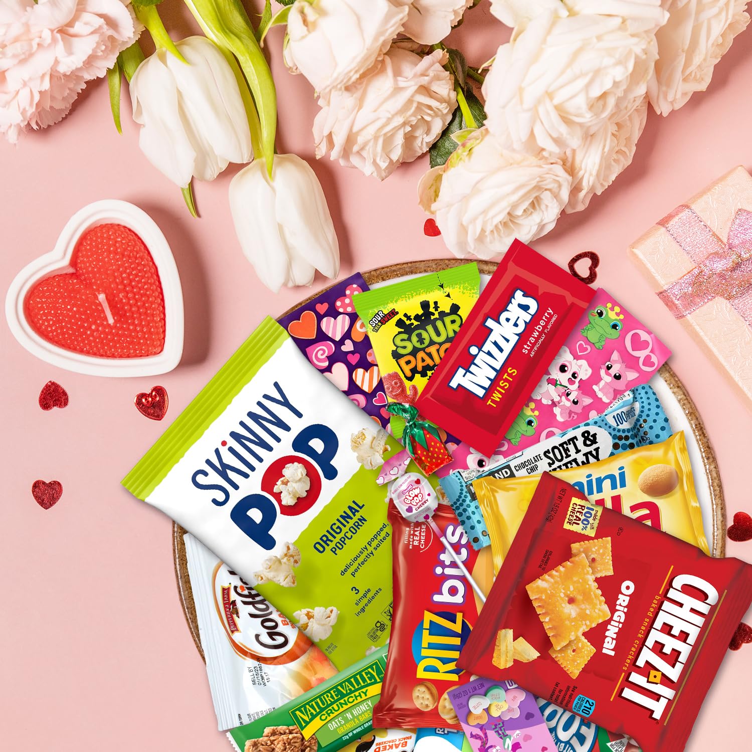Taboom Valentine's snacks assortment, convenient individually wrapped items for campus care packages.