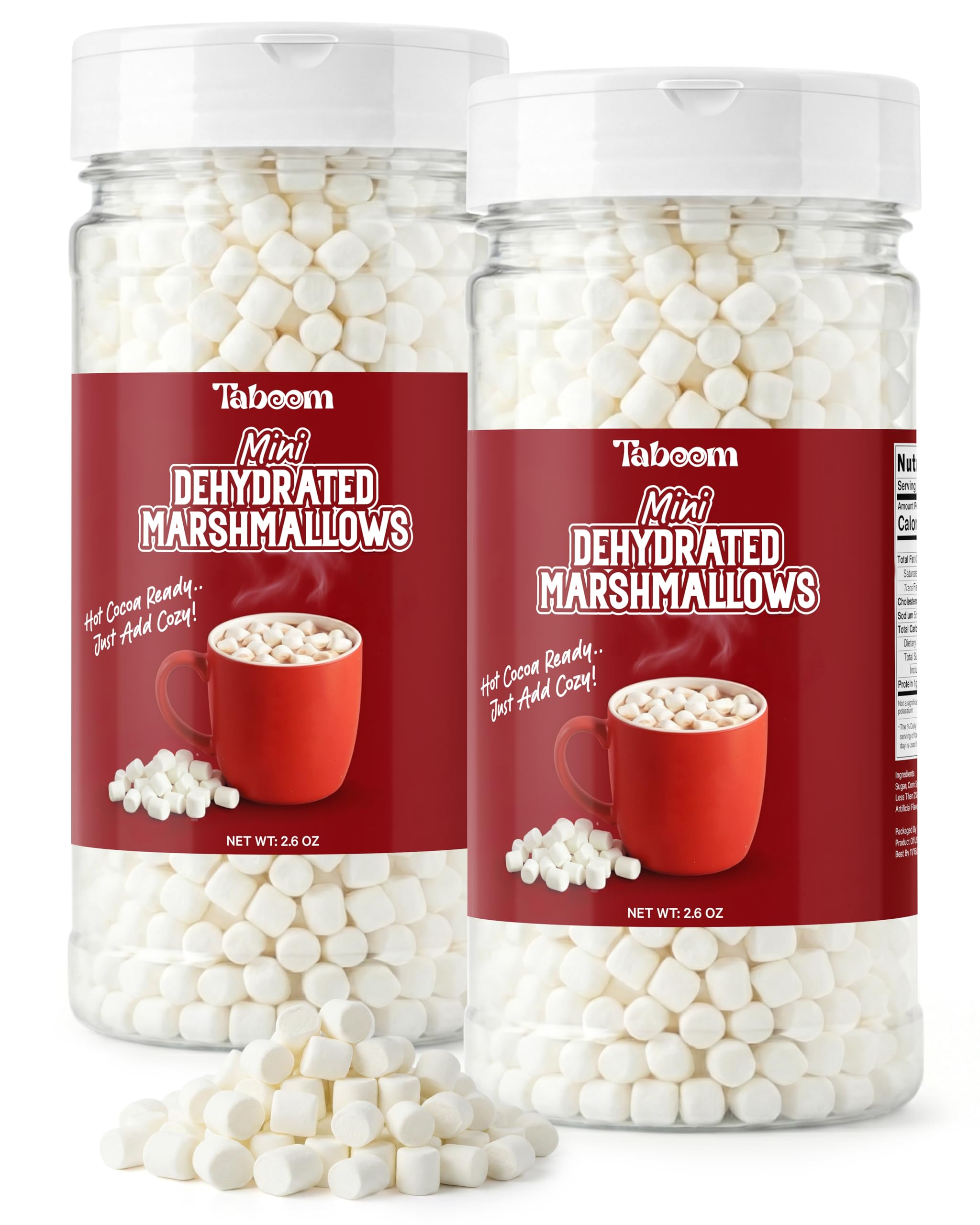Taboom vanilla dehydrated marshmallow bits bottle closeup, ideal for festive hot cocoa.