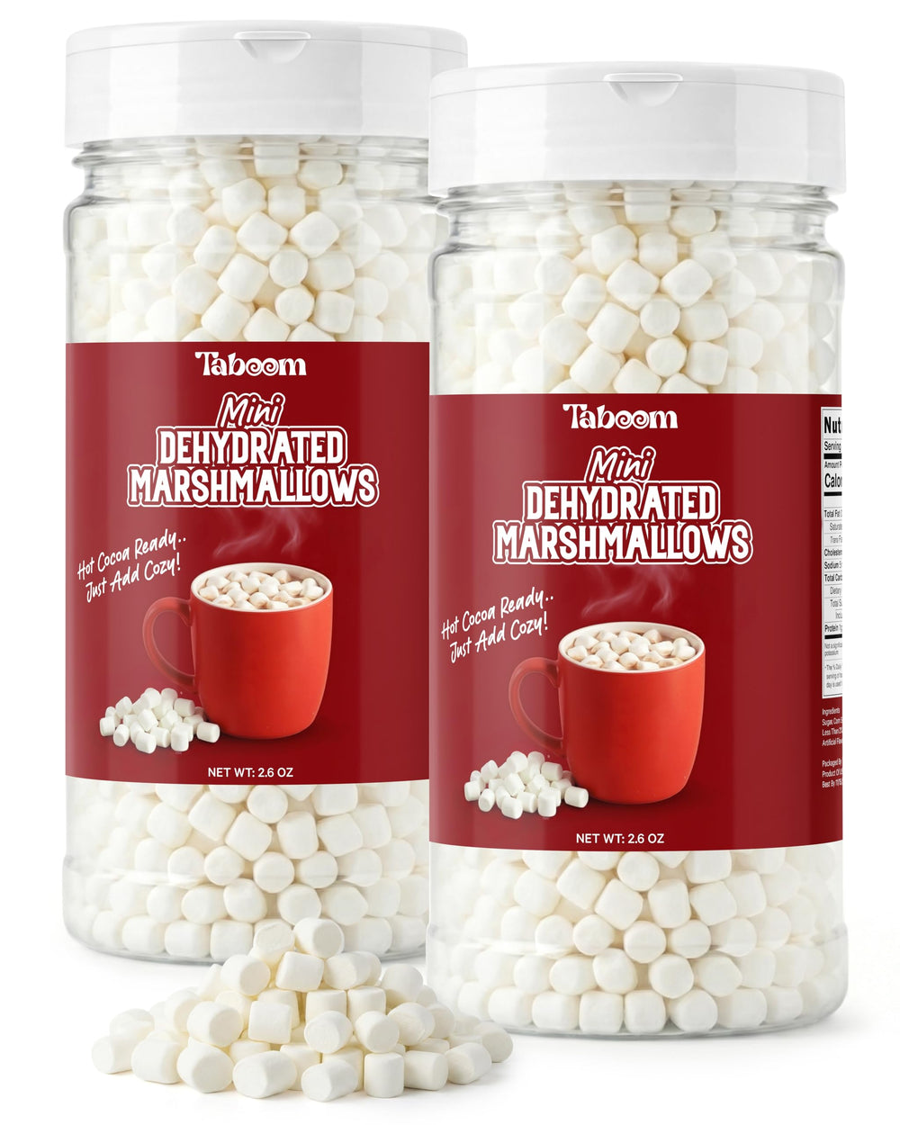 Taboom vanilla dehydrated marshmallow bits bottle closeup, ideal for festive hot cocoa.