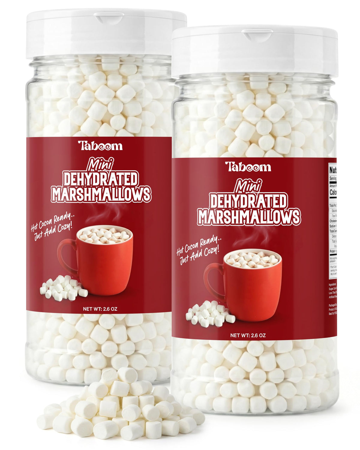 Taboom vanilla dehydrated marshmallow bits bottle closeup, ideal for festive hot cocoa.