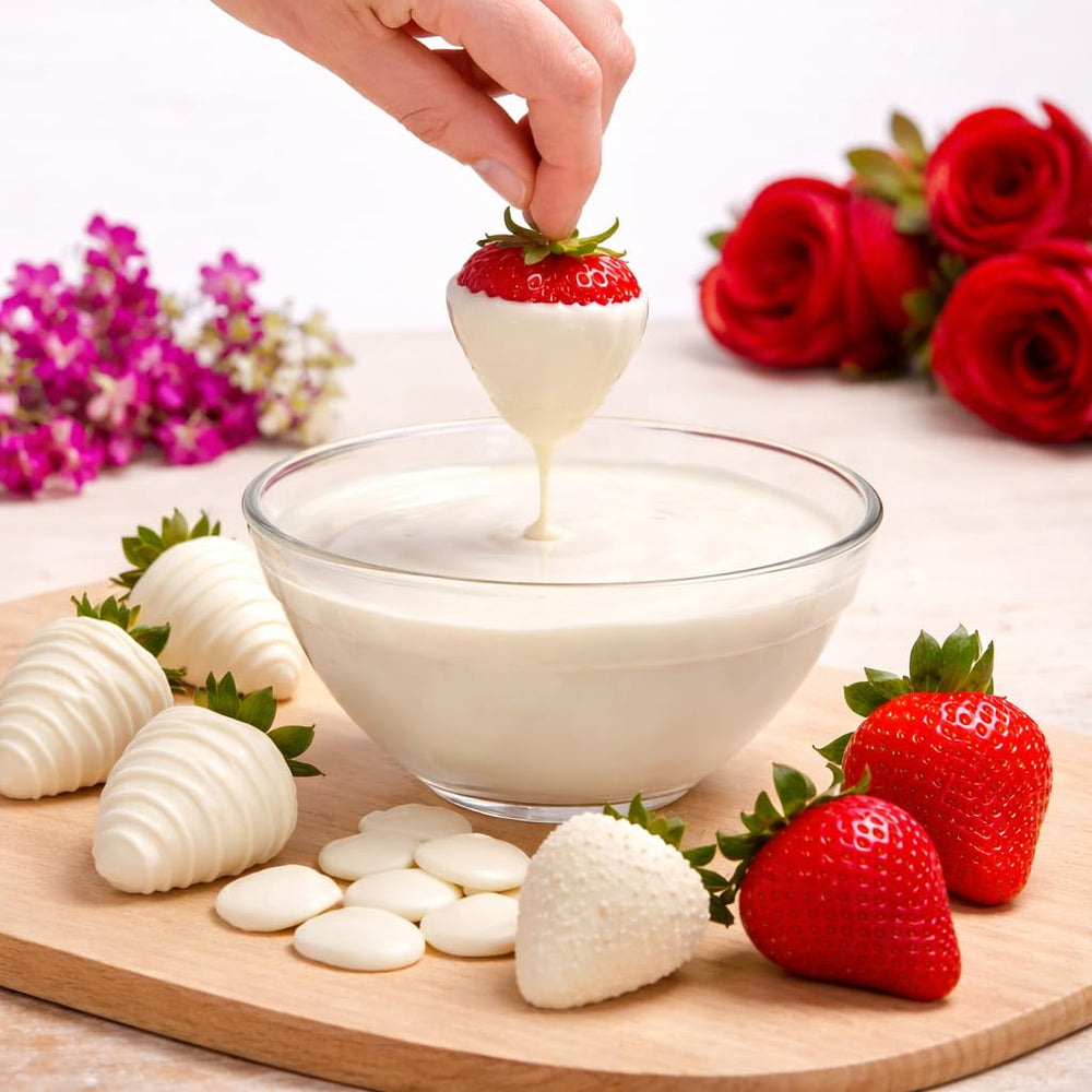 Taboom White Candy Wafer melts for dipping strawberries with a glossy finish