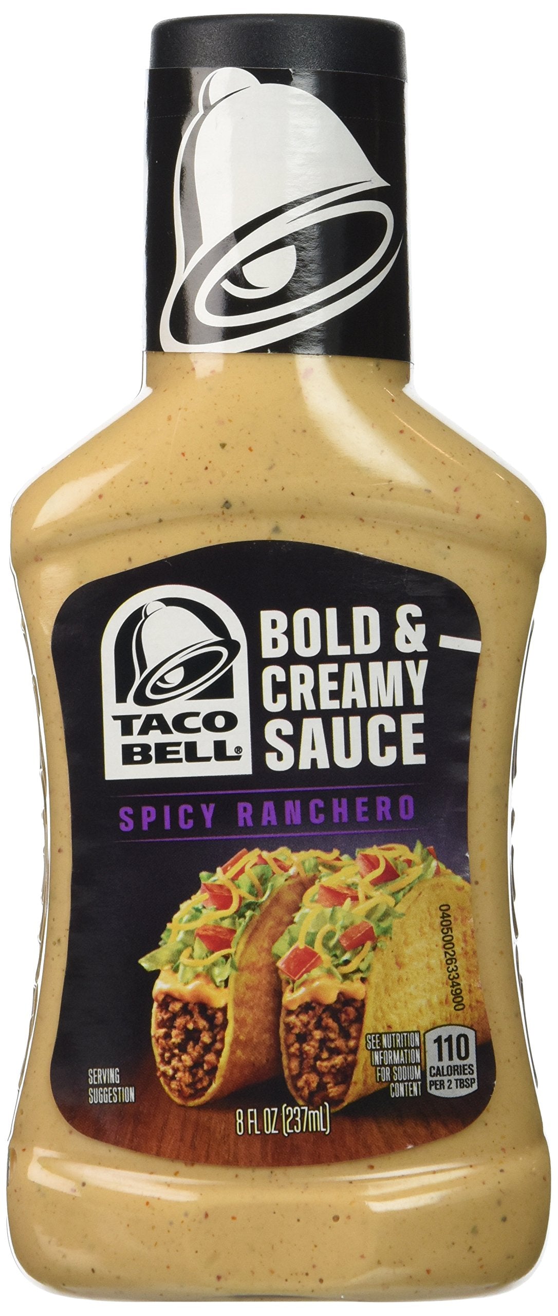Taco Bell Bold & Creamy Spicy Ranchero sauce bottle front label, perfect for tacos