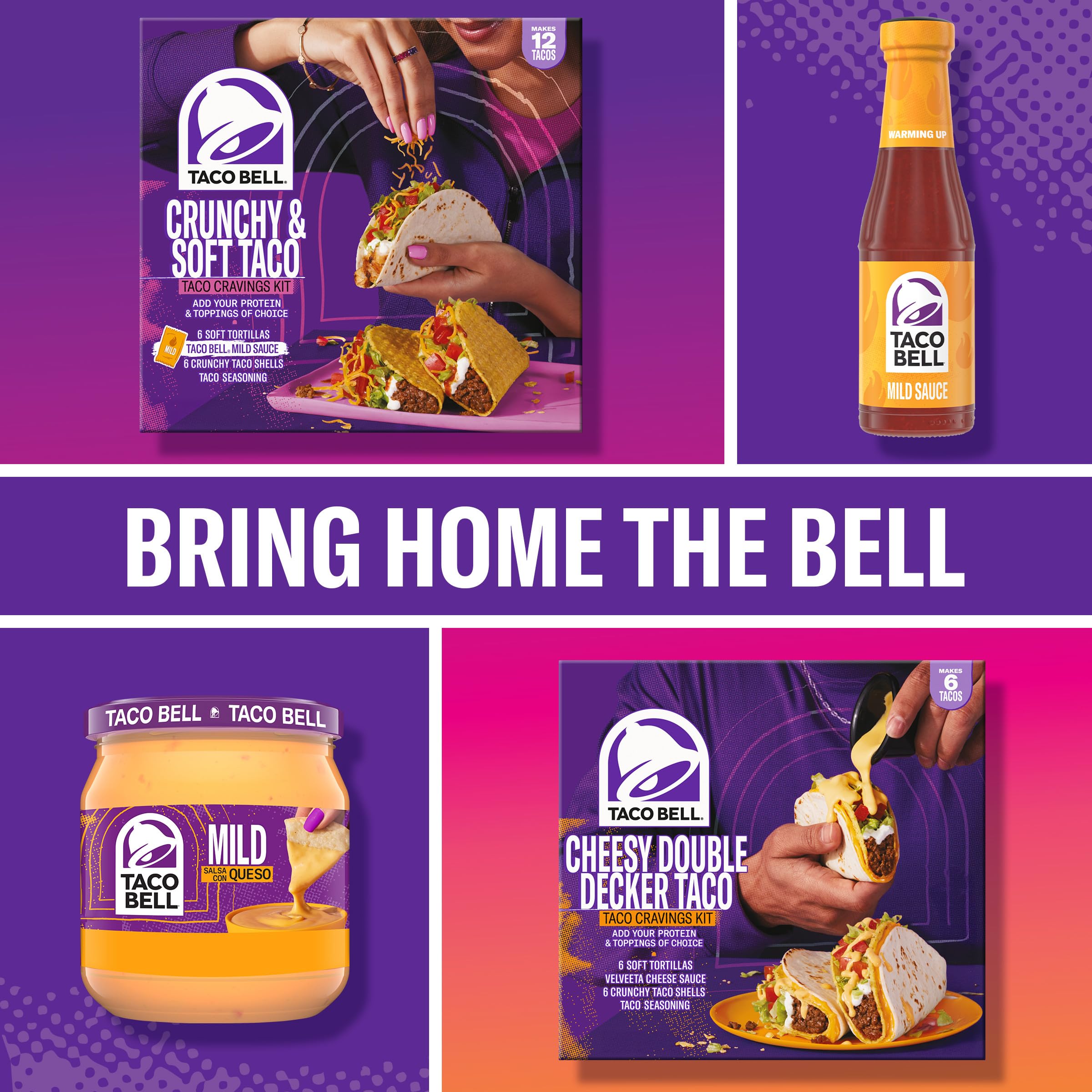 Family-friendly Taco Bell dinner featuring the Cheesy Double Decker kit at the table