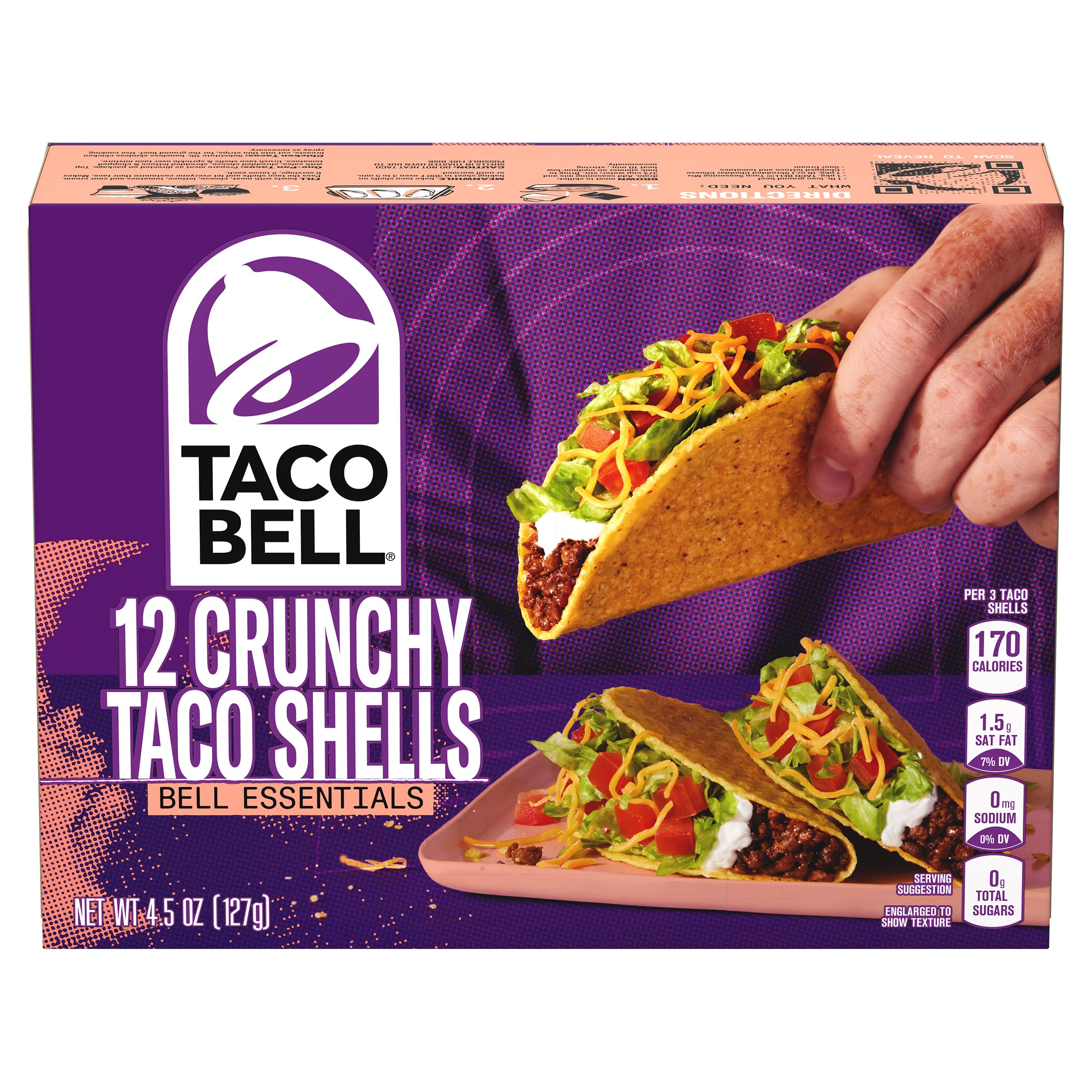 Taco Bell Crunchy Taco Shells box front shows a 12-pack for easy family meals.