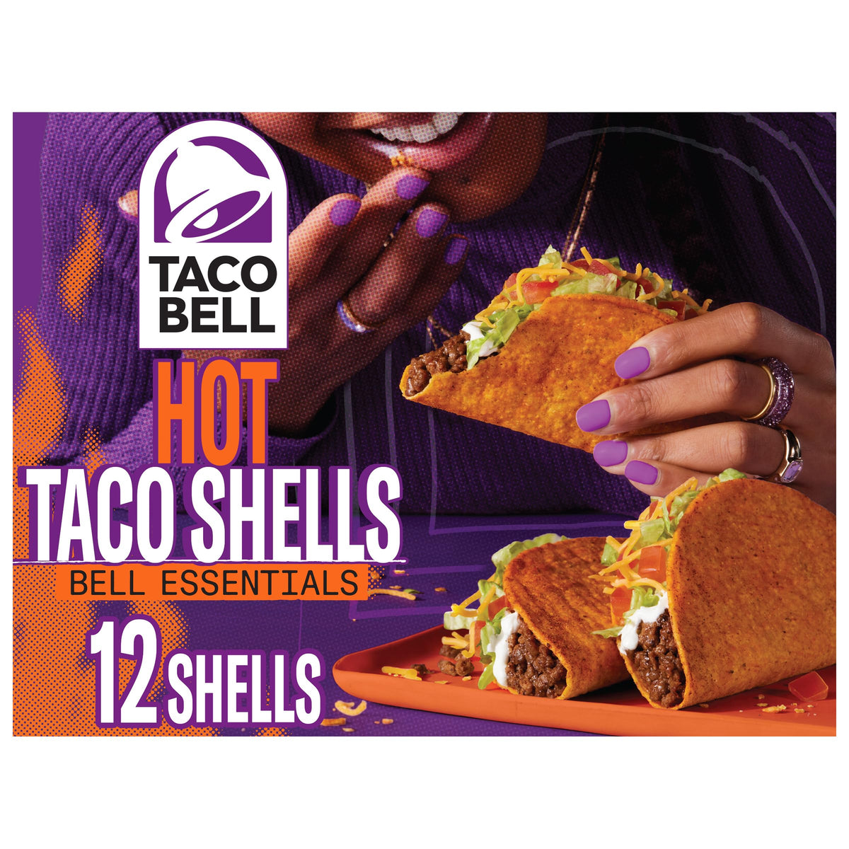 Taco Bell hot seasoned crunchy shells in a 12-count box for quick, crave-worthy tacos.