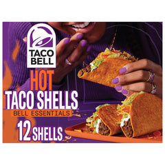 Taco Bell hot seasoned crunchy shells in a 12-count box for quick, crave-worthy tacos.