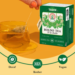 Tadin Boldo Tea packaging close-up highlighting decaf leaf.