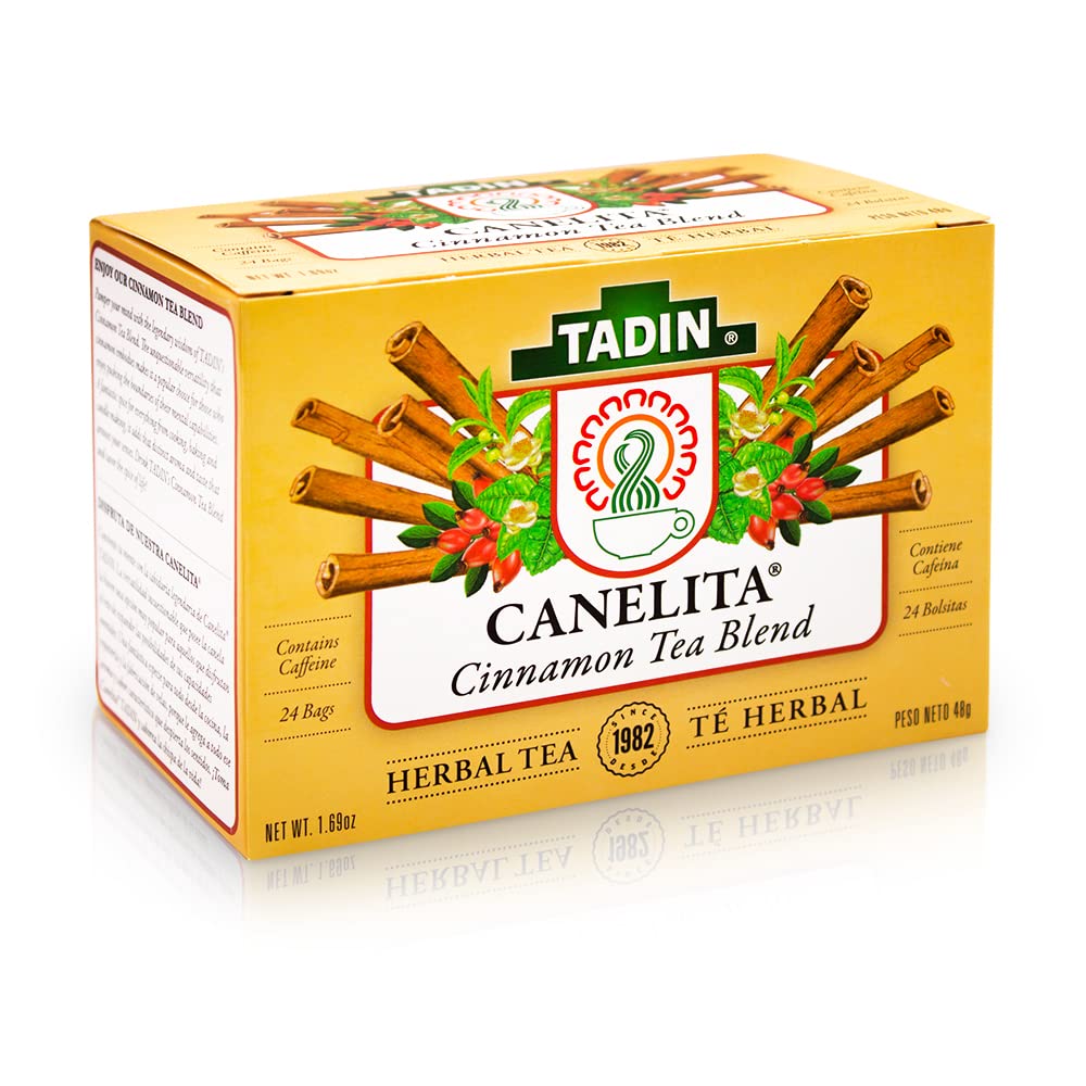Tadin Canelita Cinnamon Blend Herbal Tea bags arranged for a cozy tea moment.