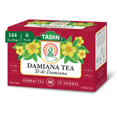 Tadin Damiana Tea box front, six-pack packaging for easy daily tea rituals.