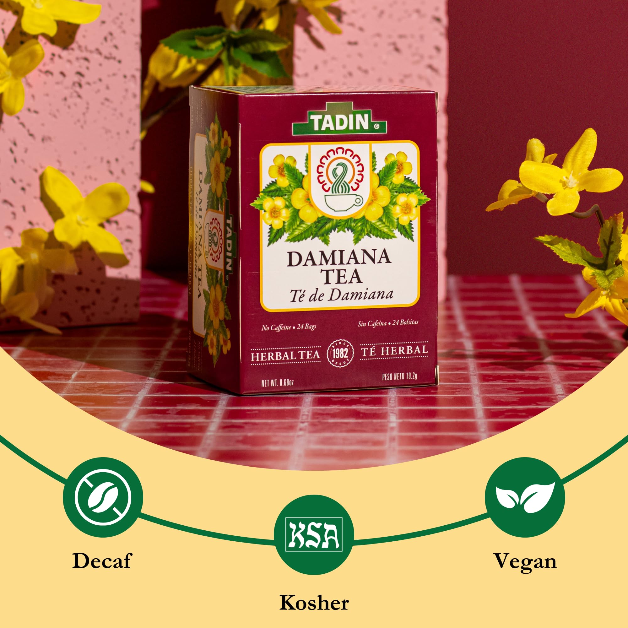 Tadin Damiana Tea brew cup, steeping relaxing herbal infusion with floral notes.