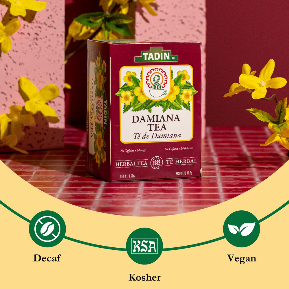 Tadin Damiana Tea brew cup, steeping relaxing herbal infusion with floral notes.