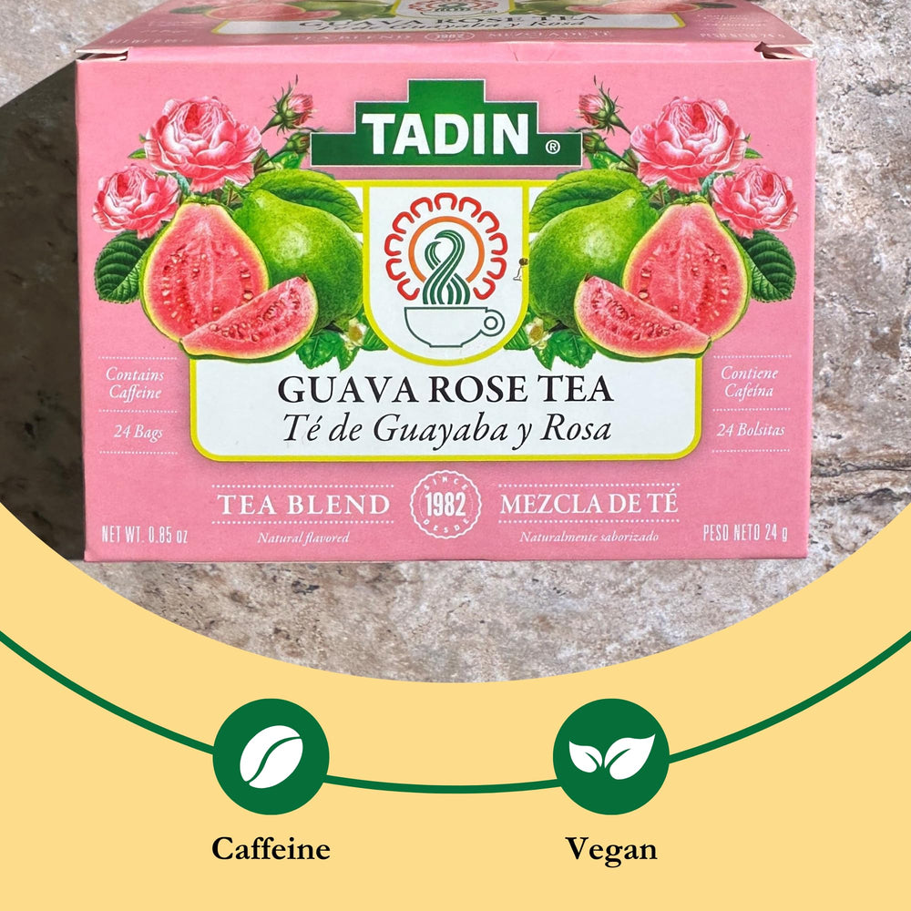 Tadin Guava Rose Tea ingredients close-up emphasizes fragrant blend and quality sourcing.