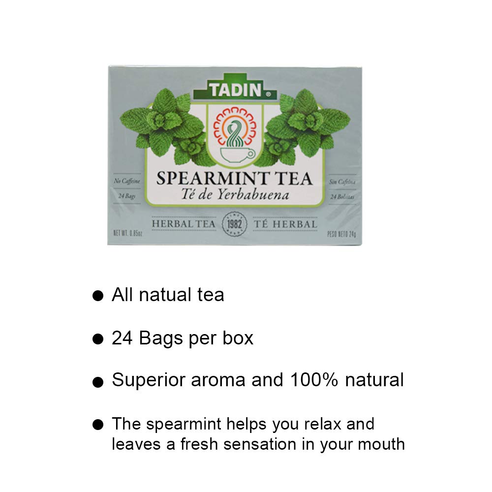 Tadin Spearmint Tea packaging label emphasizing premium herbs and global sourcing