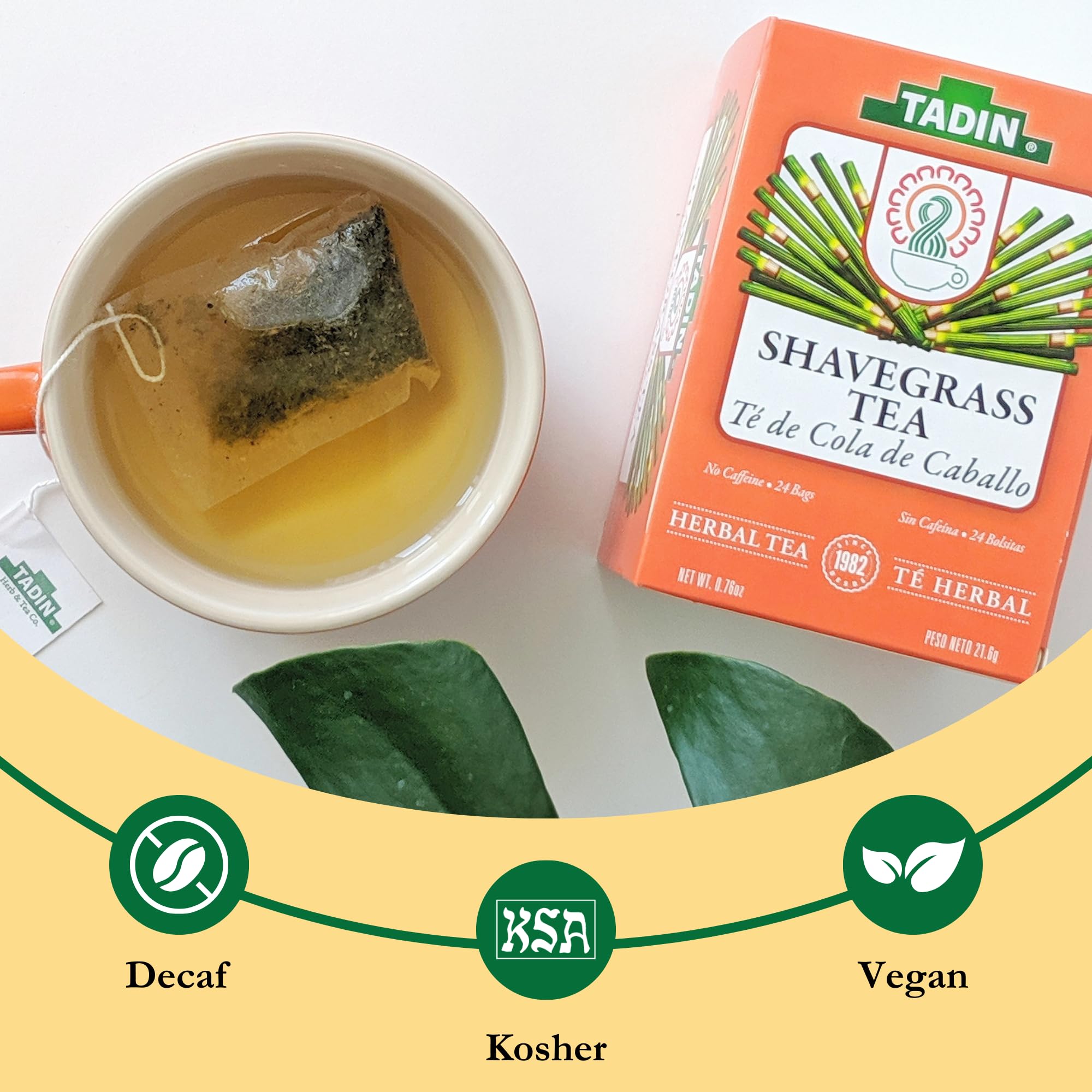 Tadin tea bag steeping in cup illustrating easy, caffeine-free preparation.