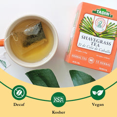 Tadin tea bag steeping in cup illustrating easy, caffeine-free preparation.