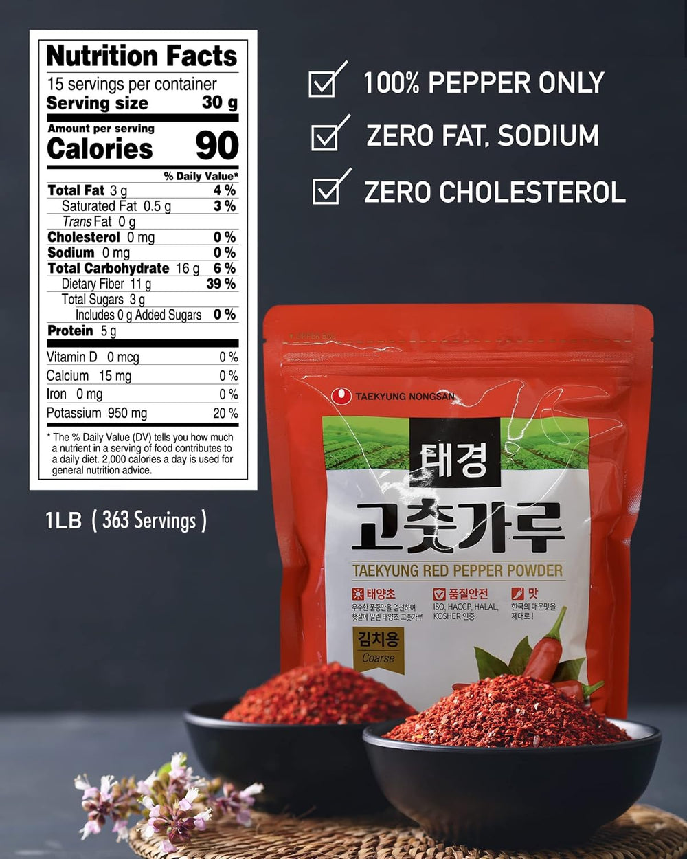 Close-up of Taekyung gochugaru flakes with bright red texture.