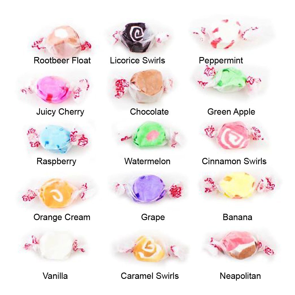 Taffy Town assorted salt water taffy pieces closeup with colorful pieces