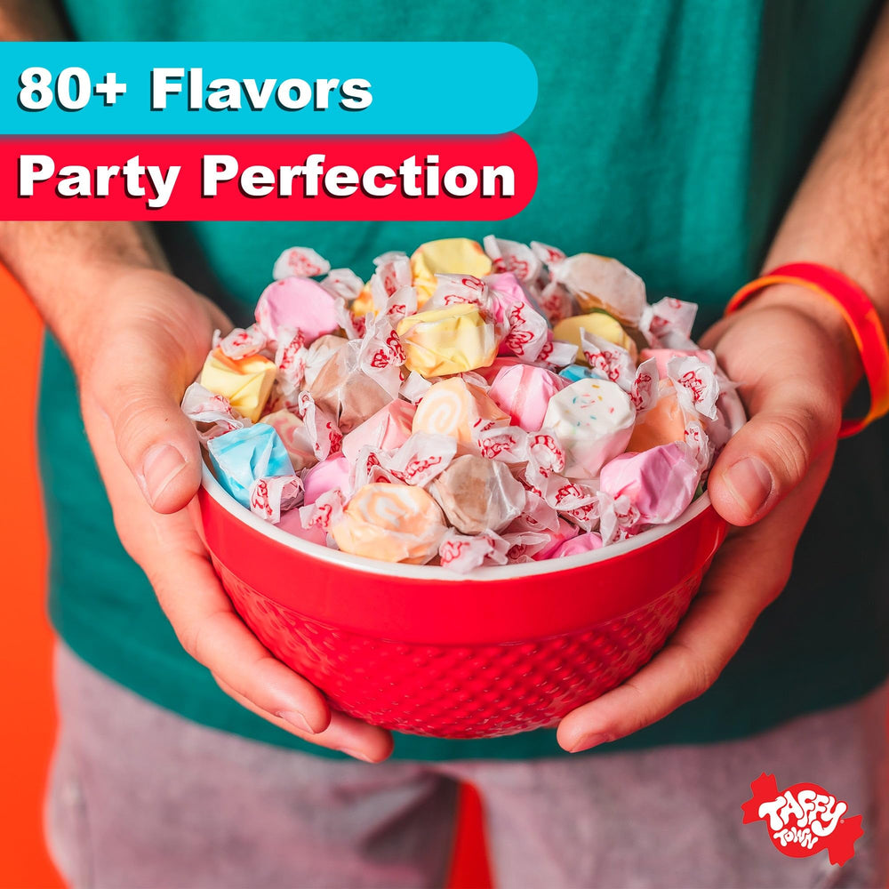 Taffy Town candy buffet display with peppermint taffy wrappers
