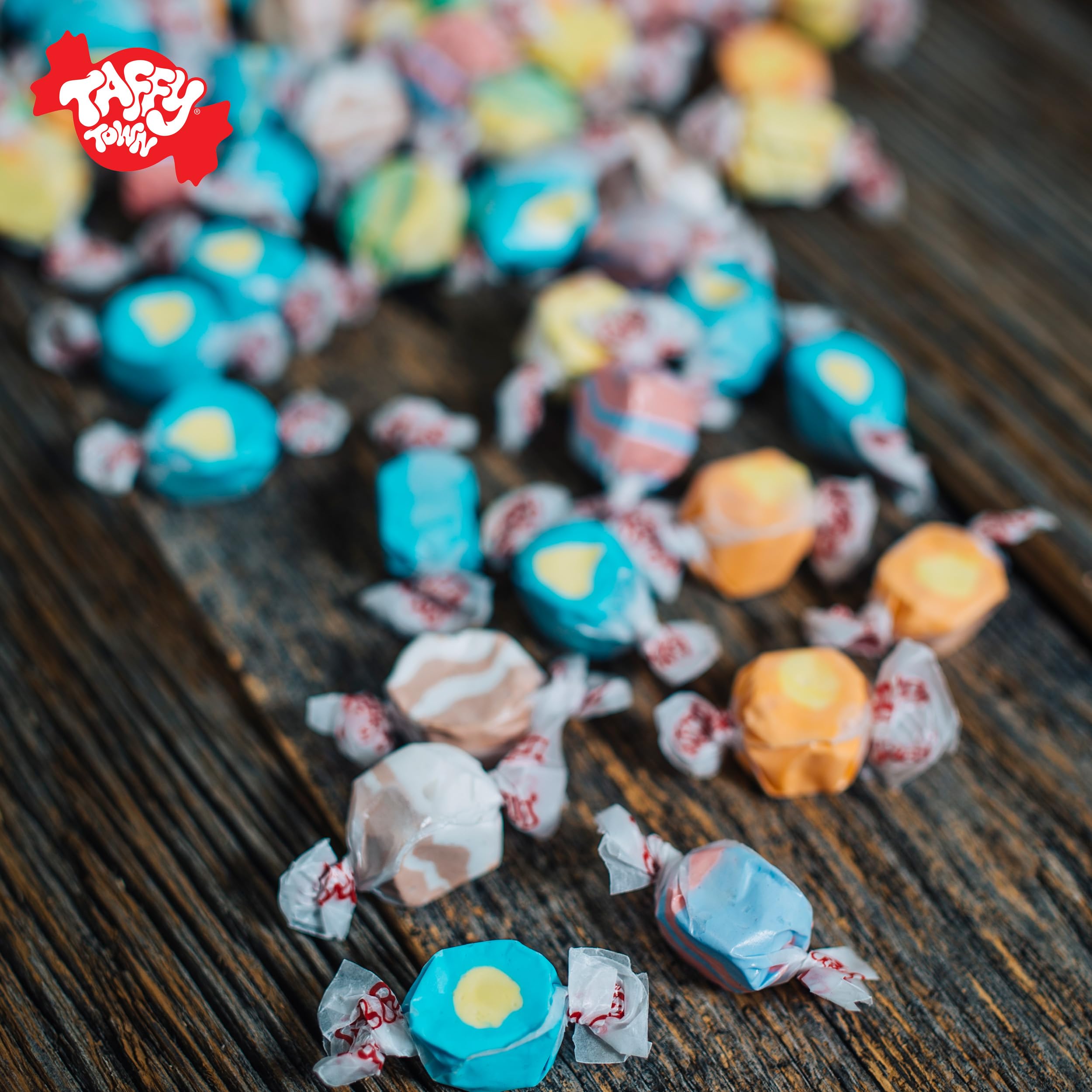 Pocket-friendly 12 oz Taffy Town pouch designed for grab-and-go snacking.