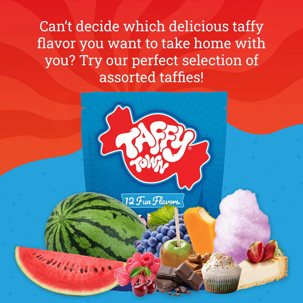 Assorted Taffy Town flavors visible in a 12 oz pouch for sharing.