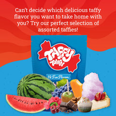 Assorted Taffy Town flavors visible in a 12 oz pouch for sharing.