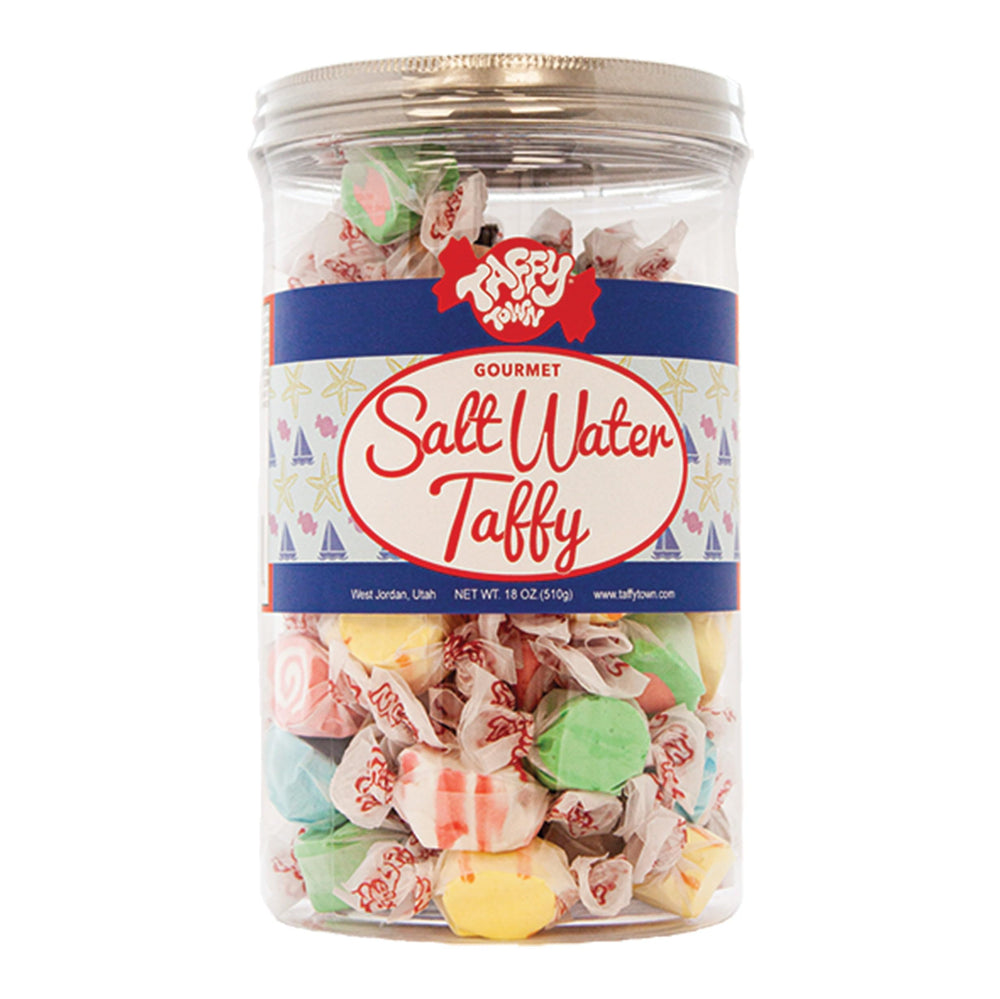 Taffy Town Saltwater Taffy can featuring assorted flavors, ideal for party tables.