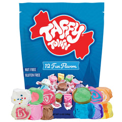 Taffy Town 12 oz pouch close-up with wax wrapper and red branding, ideal for gifting.