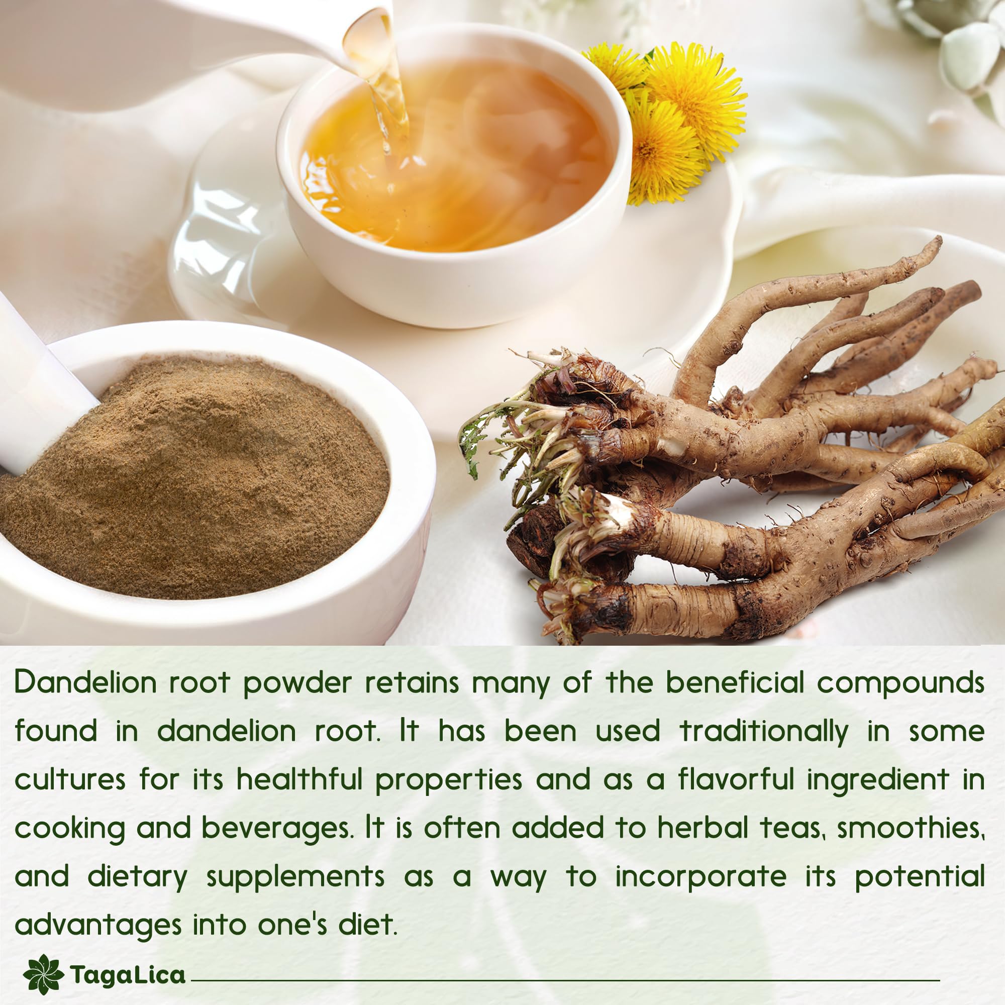 Tagalica dandelion root powder baking smoothie ingredient.