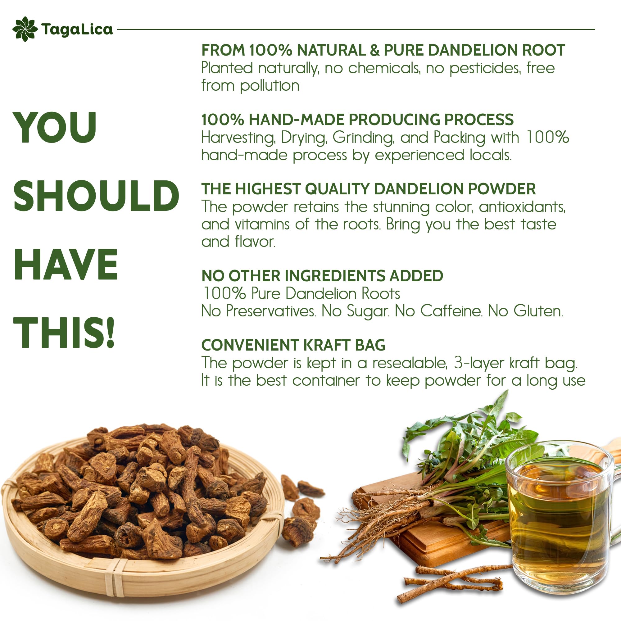 Tagalica dandelion root powder close-up shows natural texture.