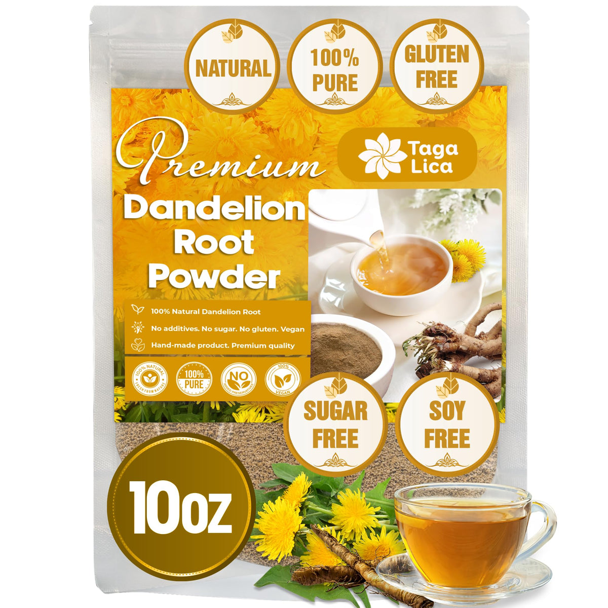 Tagalica dandelion root powder packaging showcasing freshness and quality.
