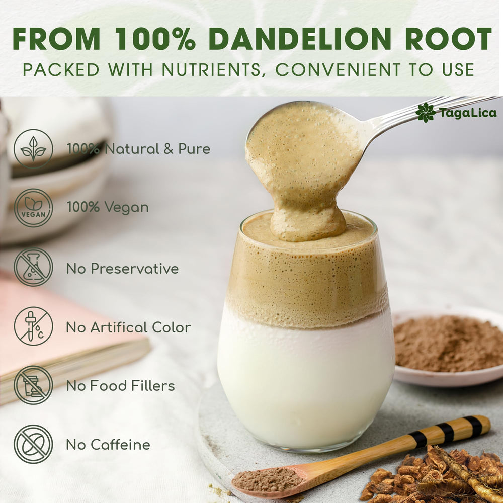 Tagalica dandelion root powder scoop for easy measuring.