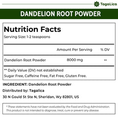 Tagalica dandelion root powder tea brew visual highlights caffeine-free option.