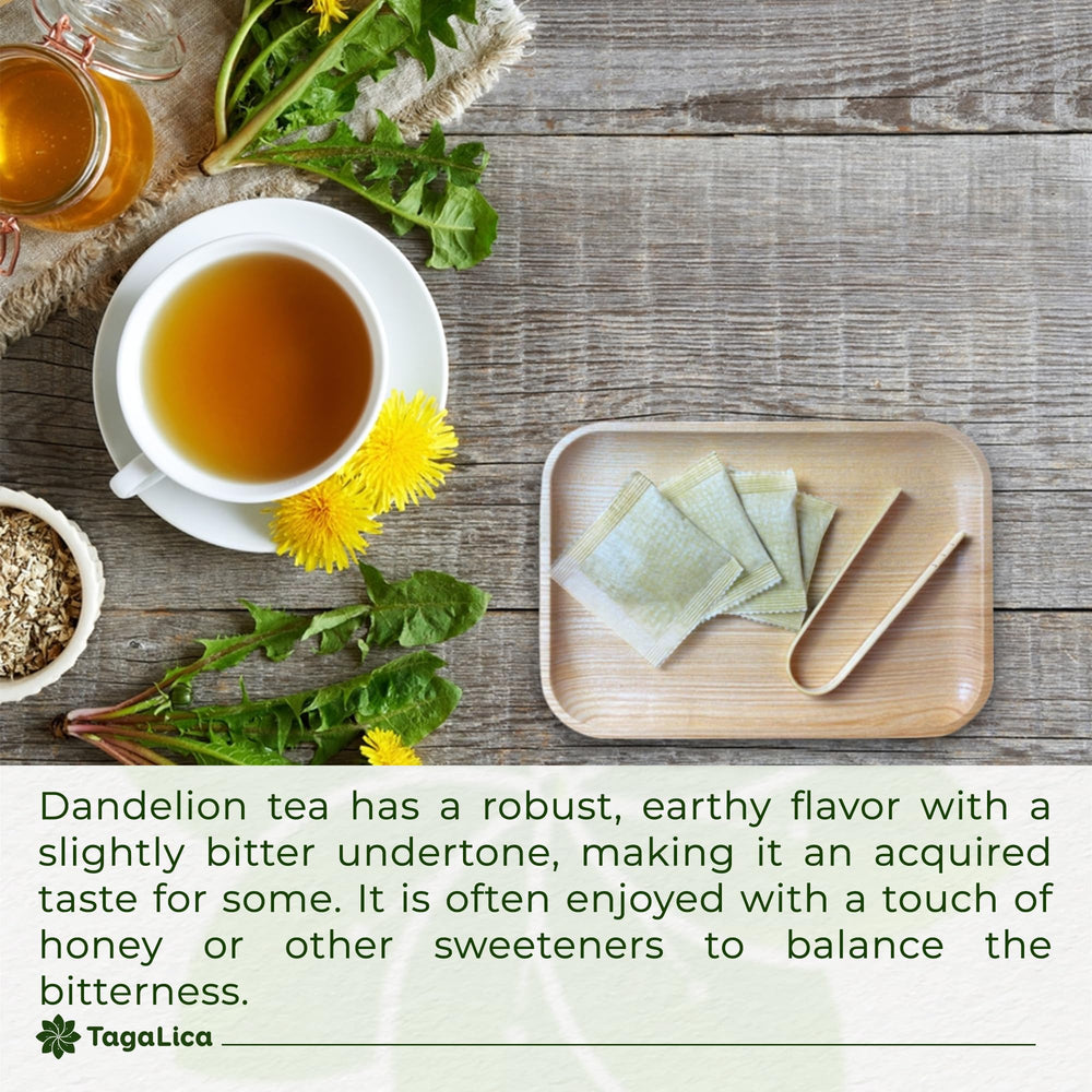 Tagalica Dandelion Roots and tea bag showcase natural sourcing.