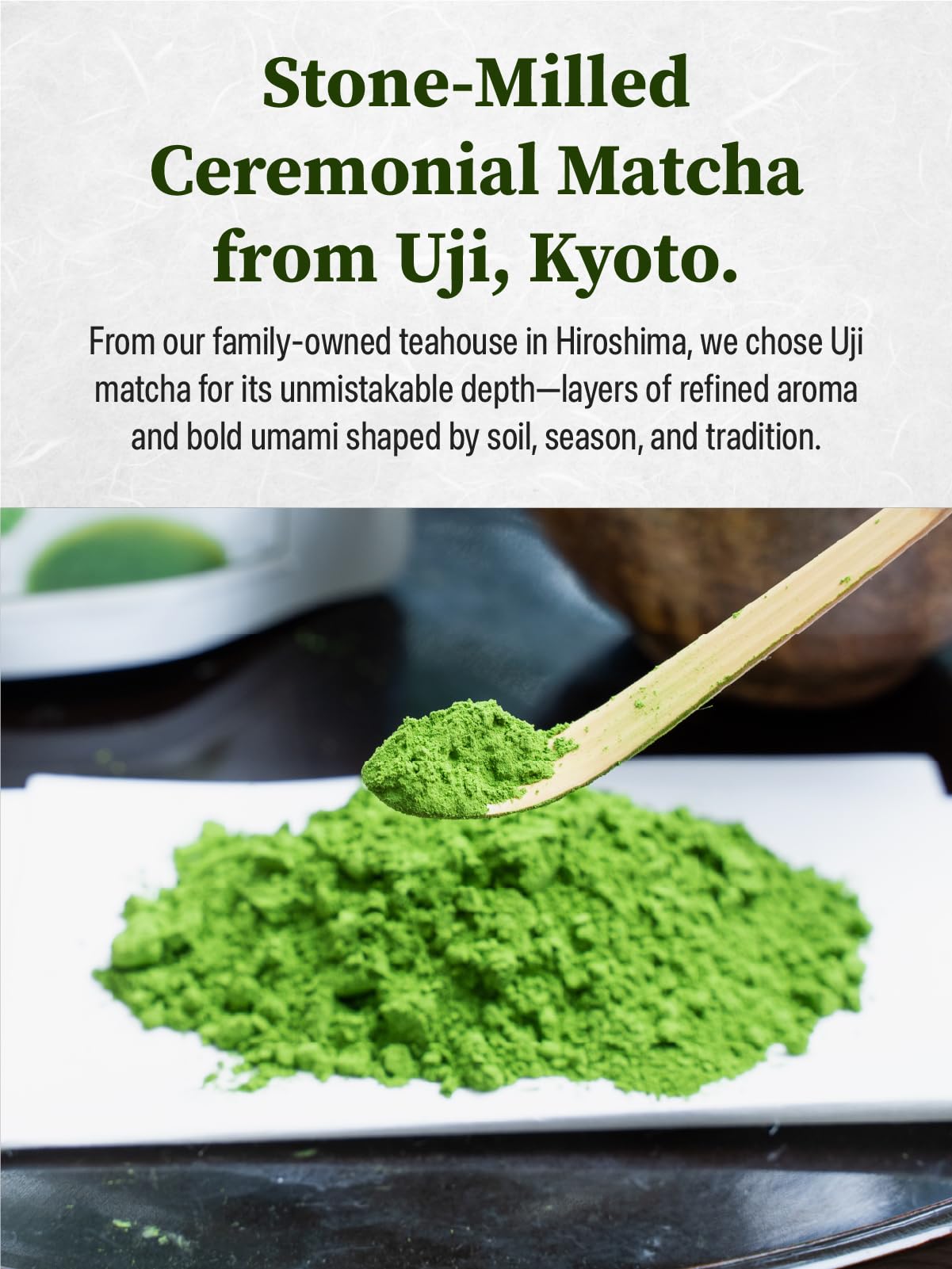 Tagashira Chaho Saga no Mukashi stone-milled, preserving deep green color