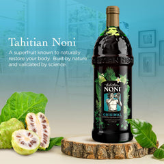 Tahitian Noni juice label close-up emphasizing authenticity and ingredients