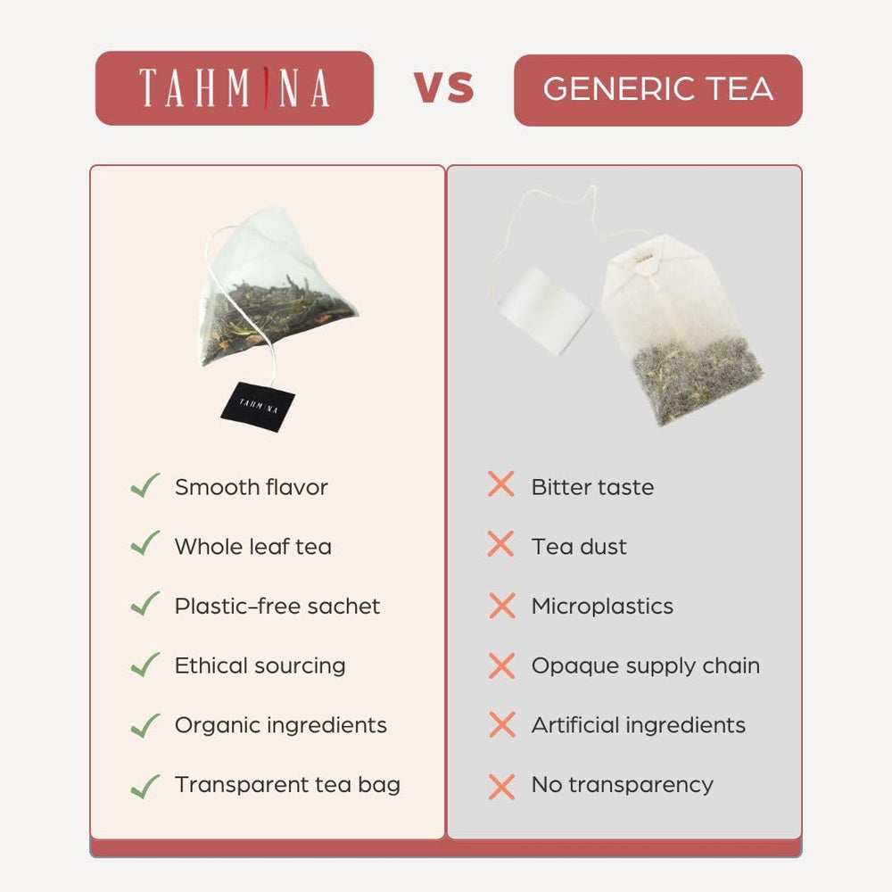 Tahmina Saffron Sleep Tea brew cup demonstrating a calming evening ritual.
