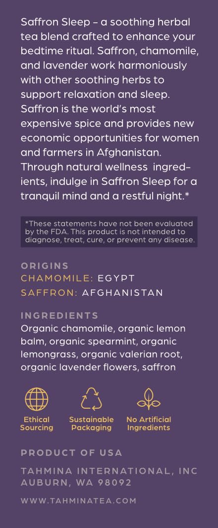 Tahmina Saffron Sleep Tea saffron thread close-up highlighting premium sourcing.