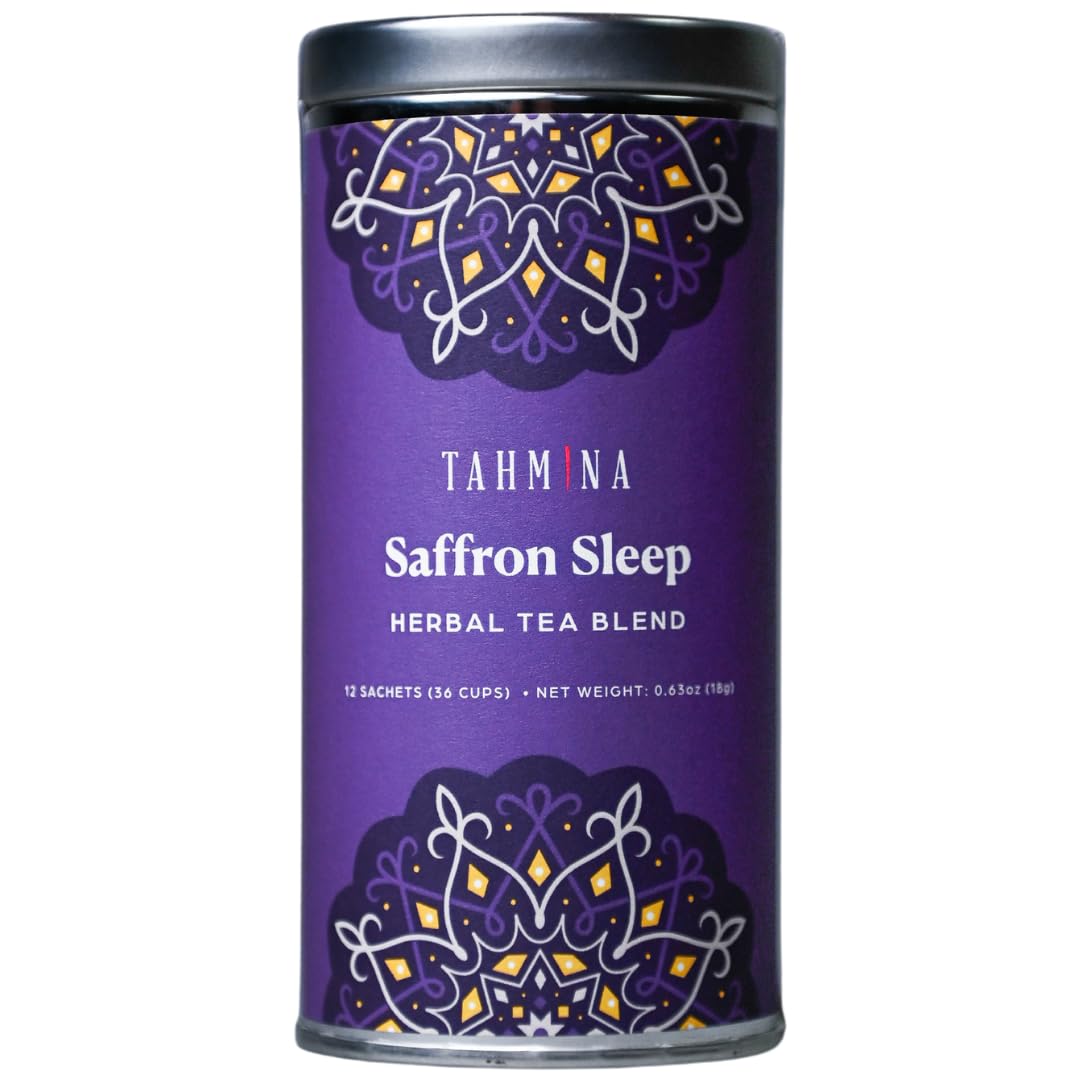 Tahmina Saffron Sleep Tea tin packaging showing a sustainable canister.