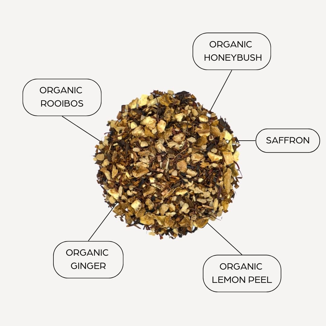 Tahmina tea cup steeping, inviting a warming caffeine-free ritual.